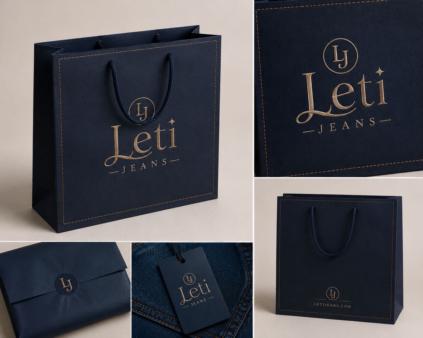 Leti Jeans luxury navy and gold packaging